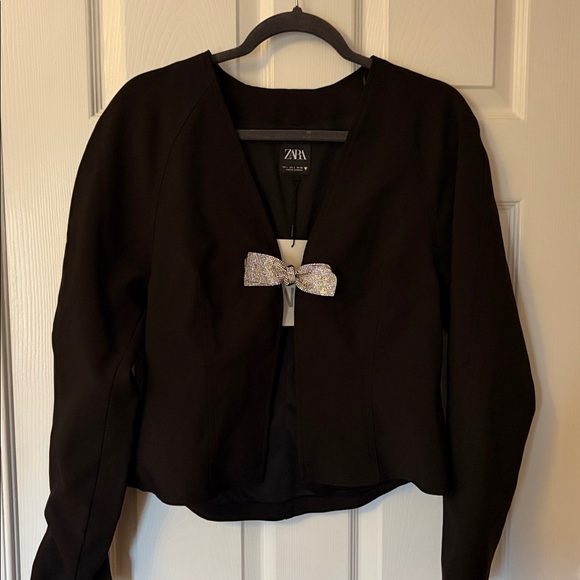 ZARA FITTED V NECK BLACK BLAZER SILVER CRYSTAL BOW DETAIL ELEGANT JACKET SZ L - Picture 7 of 11